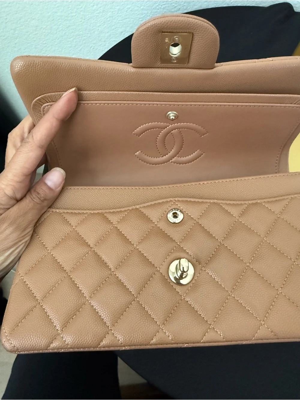 Chanel Quilted Caviar Classic small Double Flap bag in a caramel tone